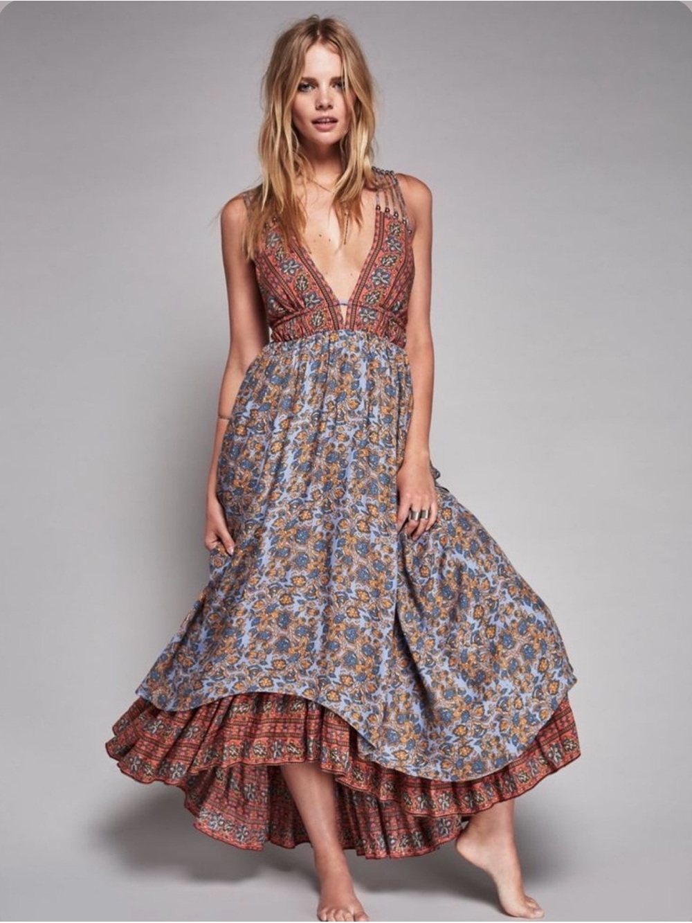 Free People Blue and Rust Floral Maxi Dress